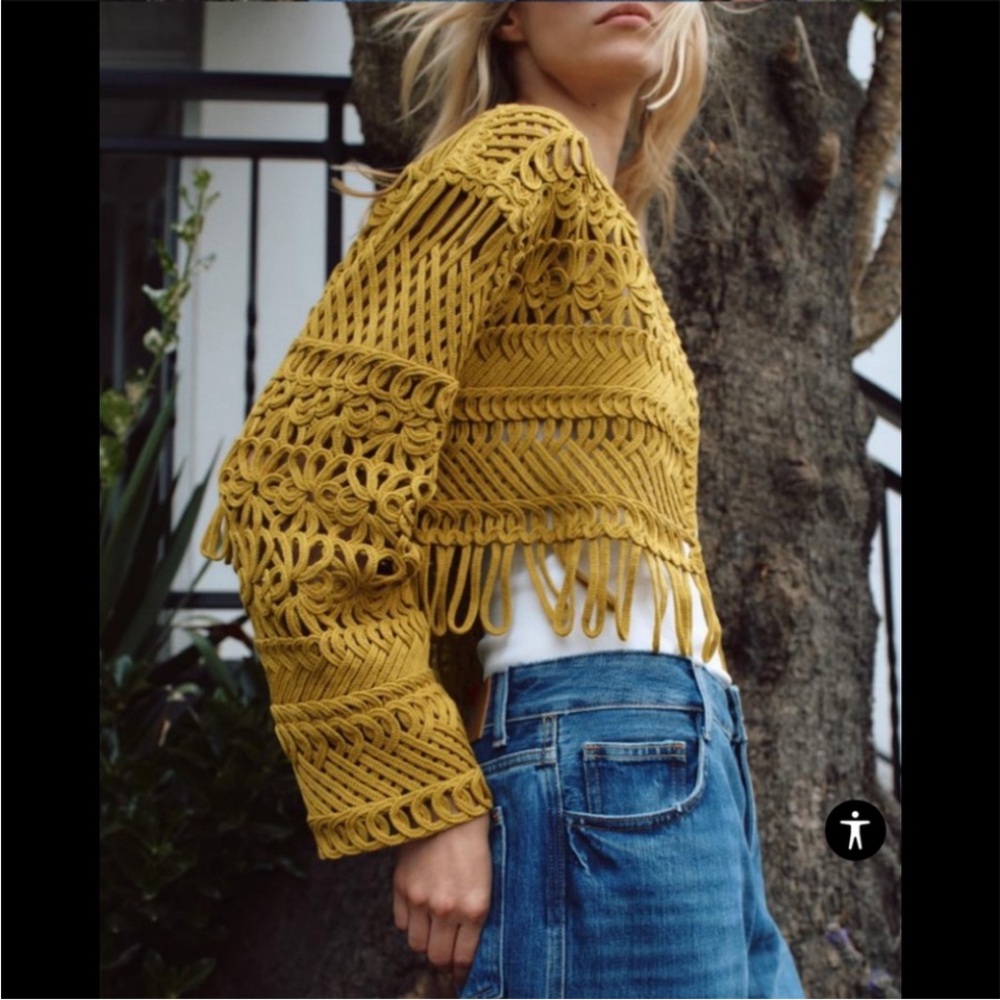 Zara Sz L Mustard Yellow Fringed Macramé Short Jacket Open Cardigan